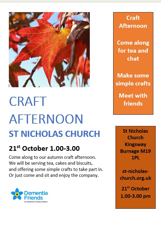 Craft and Coffee Afternoon poster: Wednesday 21st October, 1–3pm at St Nicholas Church. Tea, coffee, cakes and simple crafts. Everyone welcome.
